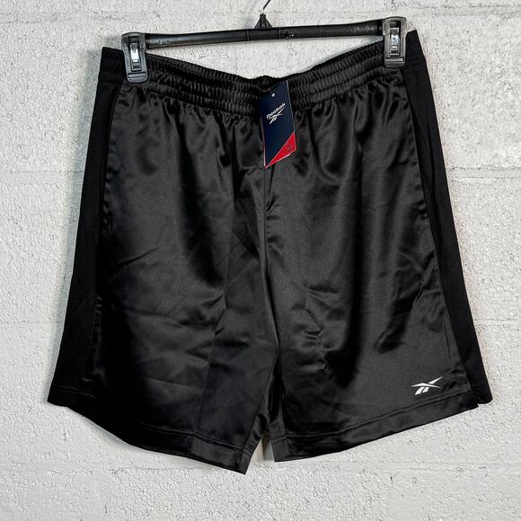 Reebok Men's Regular-Fit Mesh-Panel Satin Basketball Shorts,  black Large - Picture 1 of 8